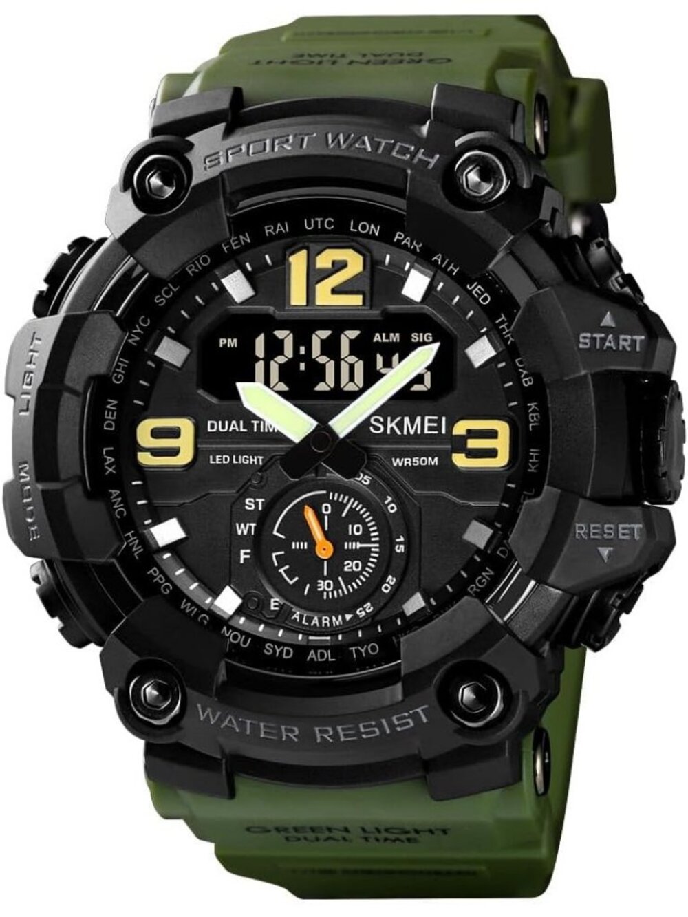 Men's Army Green Analog Digital Sport Military Dual Display 50M Backlight Watch